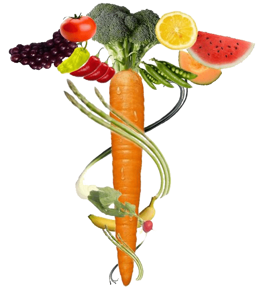 A caduceus made of fruits and vegetables.